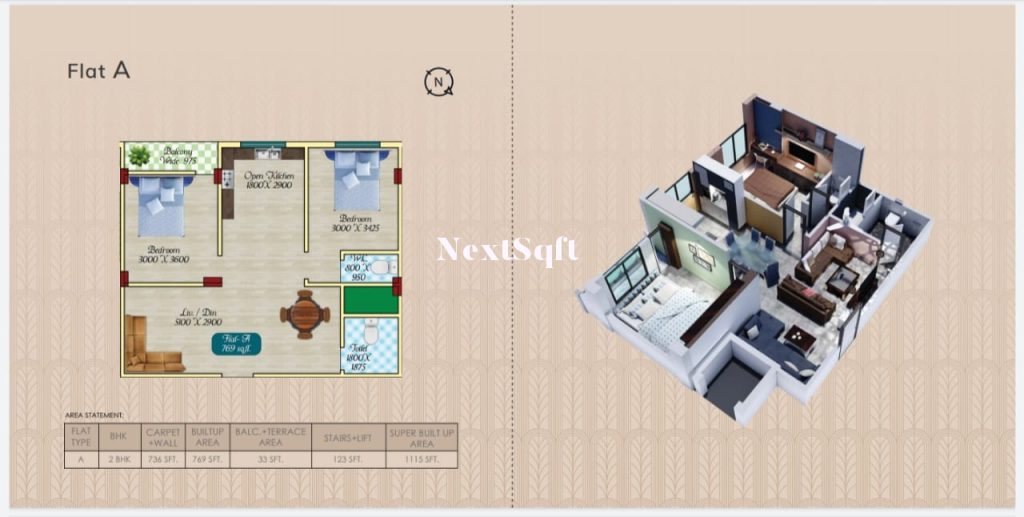 Basilica Nest Flat A 2BHk 736SQft Carpet