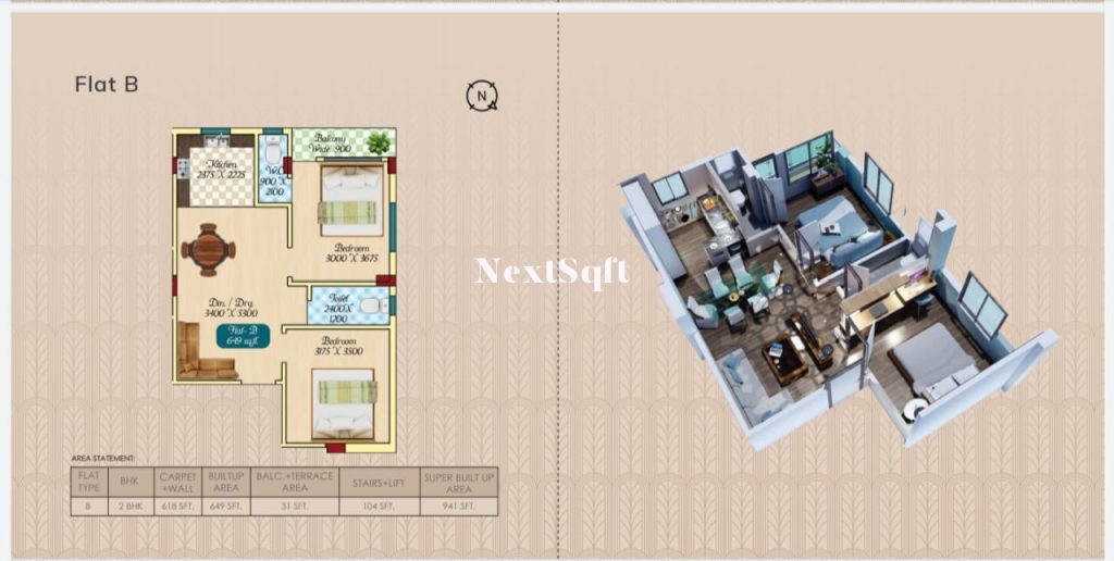 Basilica Nest Flat B2BHk 618SQft Carpet